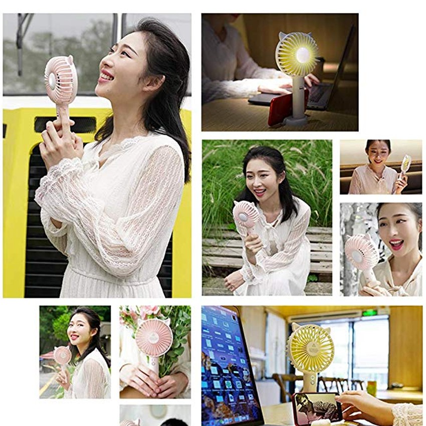 Quạt mini cầm tay tiện dụng handy fan 3 tốc độ gió tai mèo cao cấp có đèn