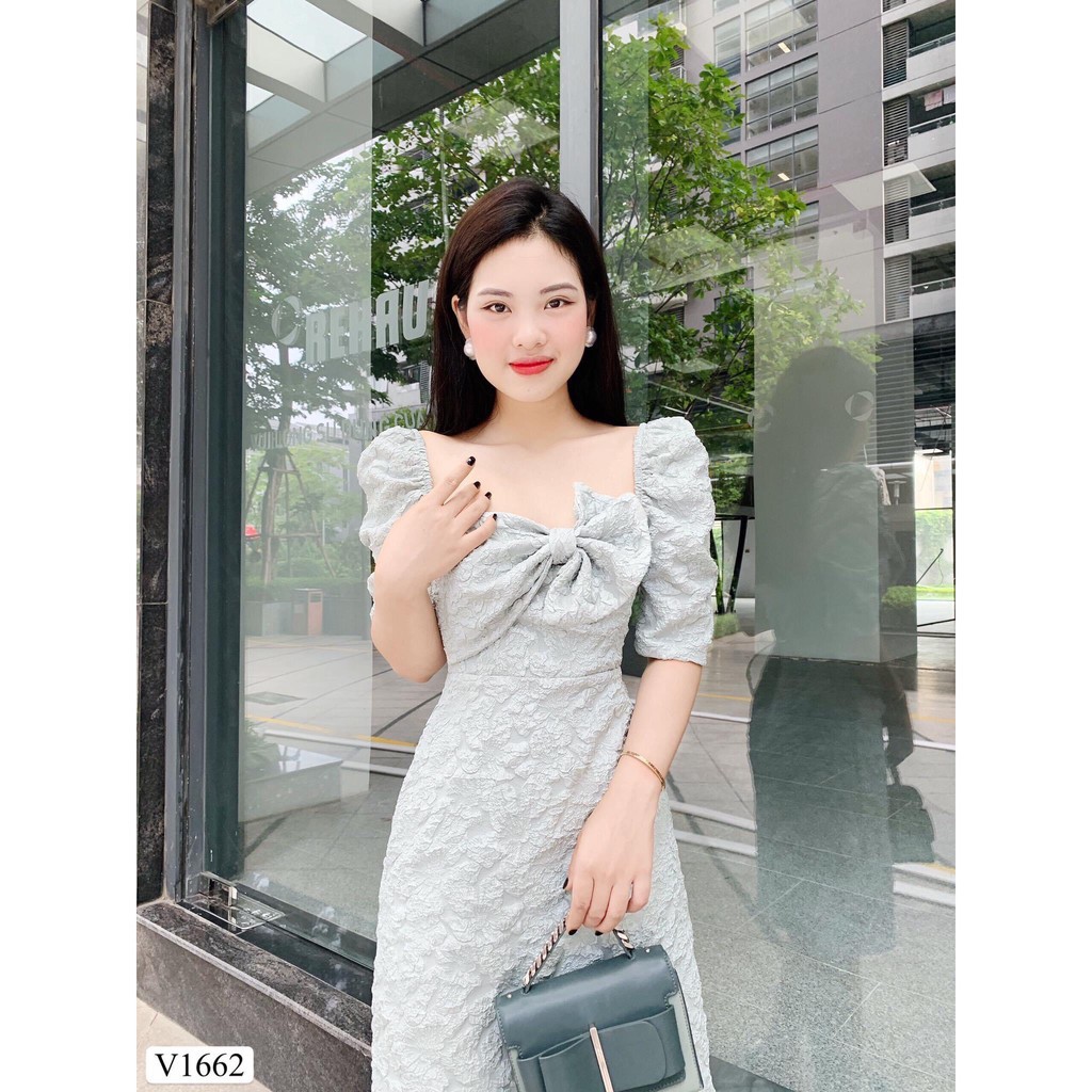 Đầm dự tiệc 💕 Đẹp DVC 💝 Váy xanh hoa phối nơ ngực vải gấm V1662 | BigBuy360 - bigbuy360.vn