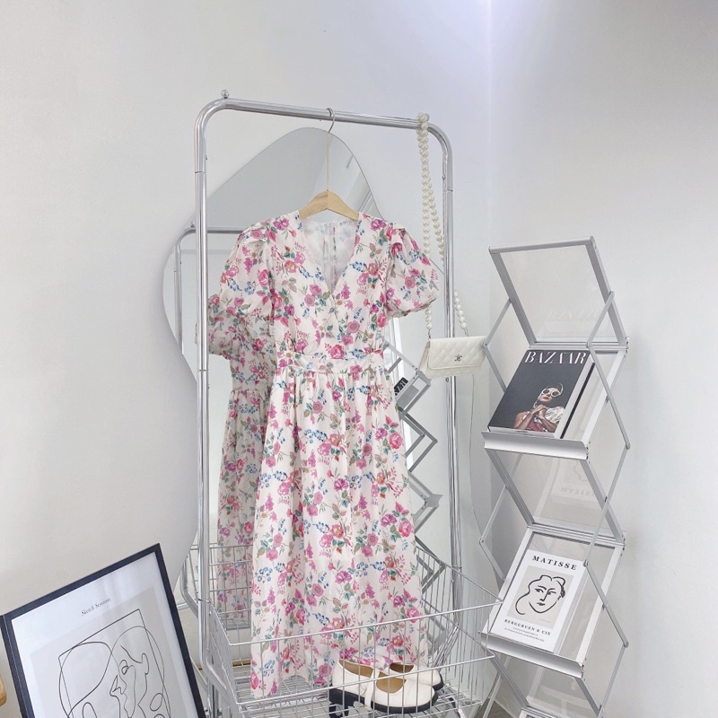 ĐẦM MIDI HOA CHÉO NGỰC TAY BỒNG