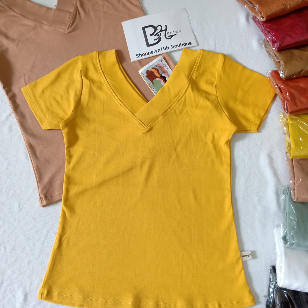 Áo thun cổ tim nữ có thể kéo xuống mặc trễ vai thiết kế tay ngắn chất vải cotton co giãn ôm dáng body nhiều màu sắc