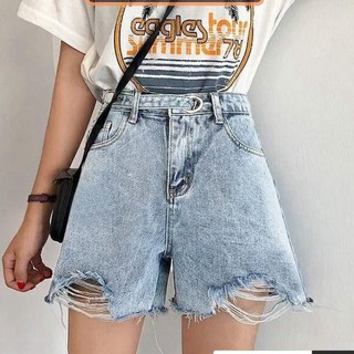Quần Short Jean Nữ Ống Rộng Cạp Cao Rách Gấu Màu Xanh Đai Cúc Phong Cách QS02