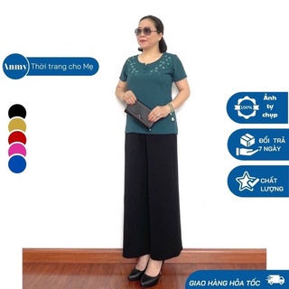 Đồ bộ trung niên nữ Áo đũi phối quần đũi, Bộ đồ cho mẹ tay cộc, cổ tròn, họa tiết thêu cổ sắc nét sang trọng