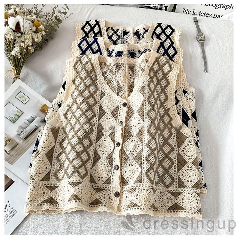 Áo dệt kim không tay cổ chữ V họa tiết hình thoi màu đen / mơ / lam kiểu xuân thu cho nữ