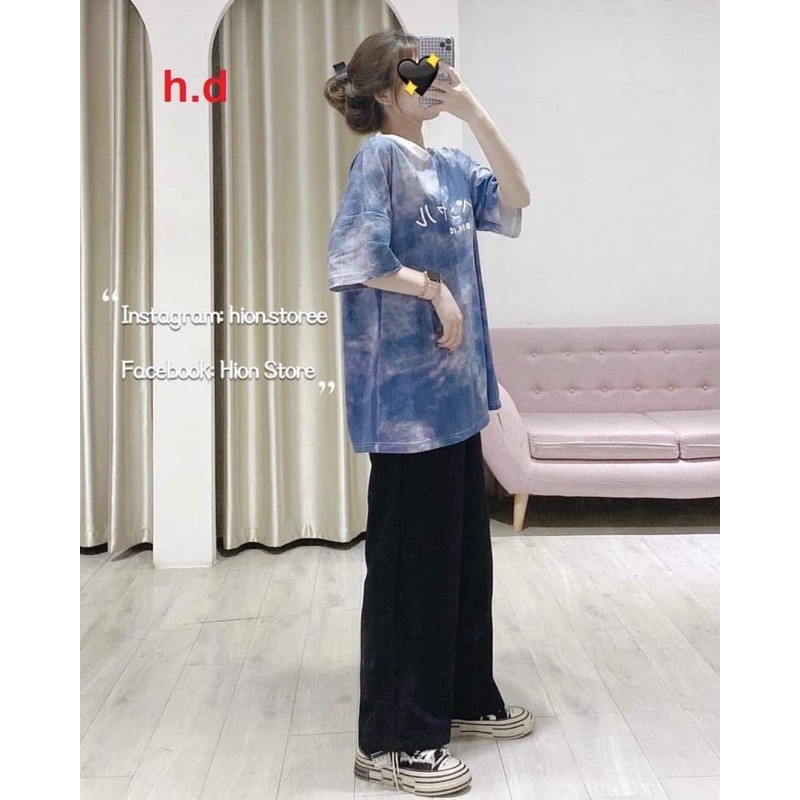 áo thun loang màu xanh coban in chữ Nhật unisex dáng rộng Hđ46