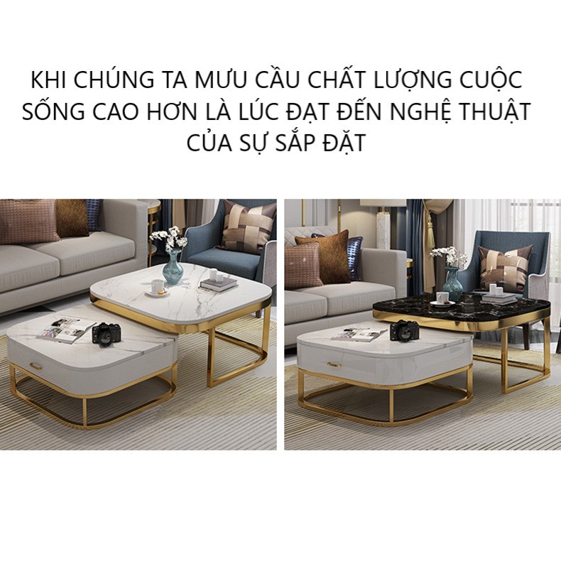 Bàn trà sofa đôi đa năng có hộc tủ Sophie mặt đá chân sắt cao cấp cho phòng khách