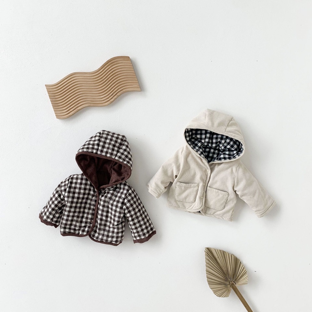 Áo khoác tay dài họa tiết caro mặc được hai mặt dễ thương thời trang mùa đông 2020 dành cho bé trai gái