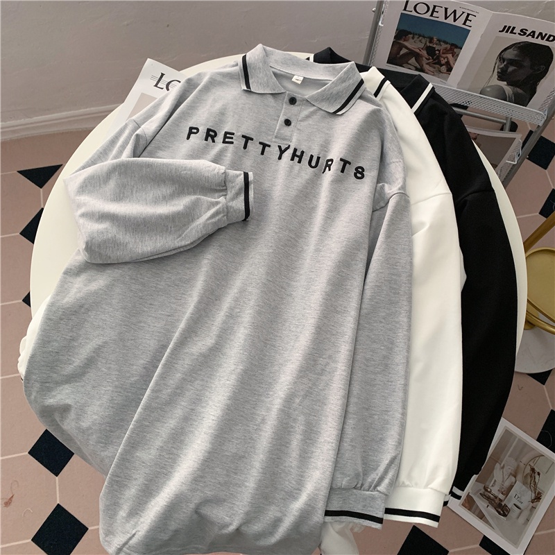 Áo Thun Polo Tay Dài Dáng Rộng Thêu Chữ Thời Trang Mùa Thu Mới Cho Nữ