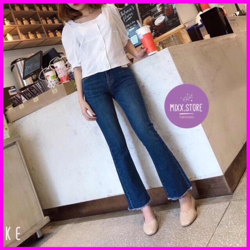 quần bò ống loe xanh trơn