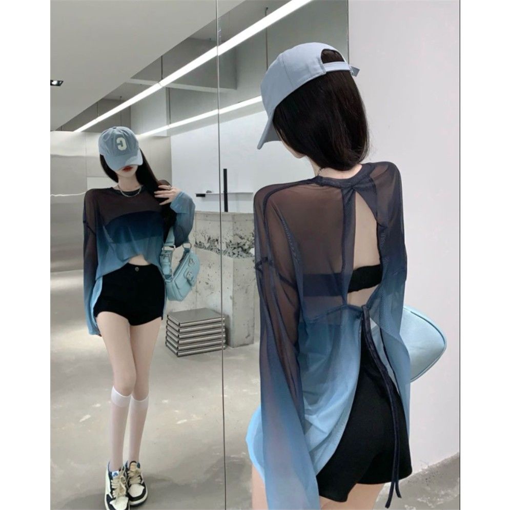 Áo Thun Dài Tay Vải Lụa Mát Mỏng Xuyên Thấu Màu Gradient Gợi Cảm Cho Nữ