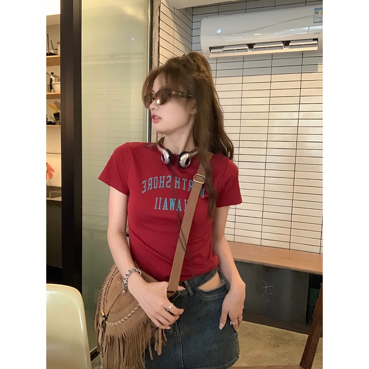 Áo Thun Ngắn Tay Cổ Tròn In Chữ Phong Cách retro Mỹ Cho Nữ