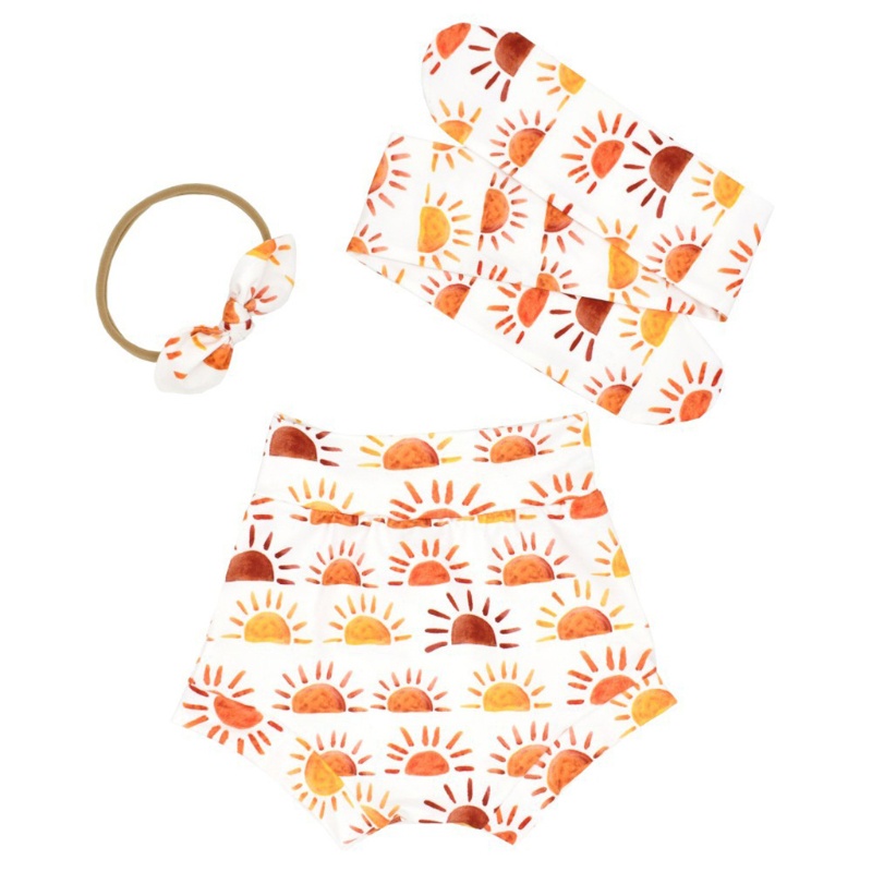 Bộ 3 Món Quần Short + Băng Đô Nơ In Họa Tiết Thời Trang Cho Bé Gái