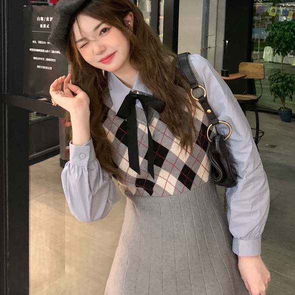 【ZHELIHANGFEI】 / Áo Len Không Tay Dệt Kim Sọc Caro Mùa Xuân