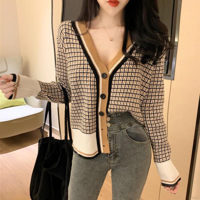 Áo Khoác Cardigan Dài Tay Cổ Chữ V Họa Tiết Sọc Caro Thời Trang Phong Cách Hàn Quốc