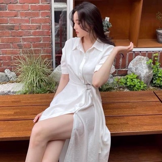 Đầm sơ mi đũi thắt eo dáng dài xẻ vạt tay lỡ công sở