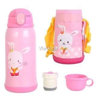 Bình đựng nước uống 600ml cho bé đi học - giữ nhiệt 12 giờ và có ống hút (Tặng kèm túi vải)