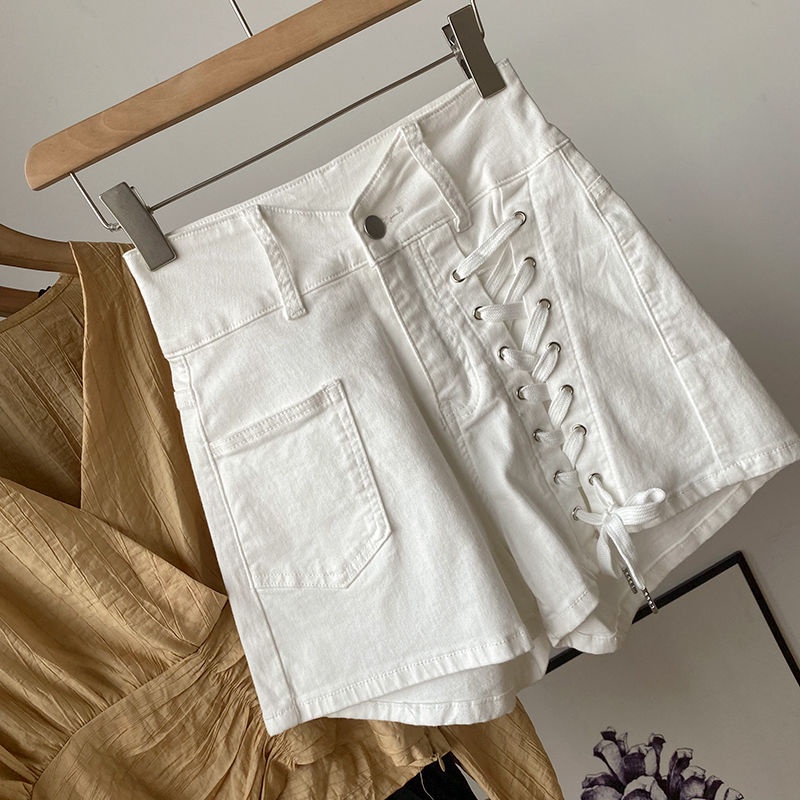 Quần Short Jean Lưng Cao Ống Rộng Có Dây Rút Theo Phong Cách Hàn Quốc Hàng Mới