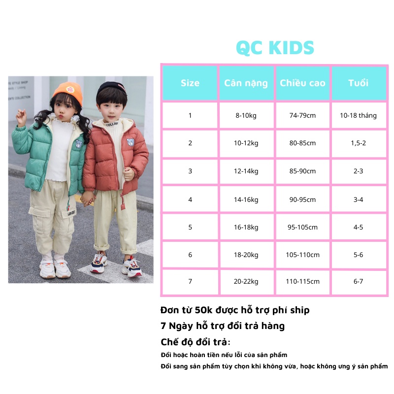 Áo phao cho bé trai bé gái mùa đông lót nỉ hình gấu 1 tuổi đến 5 tuổi QC-KIDS AK02