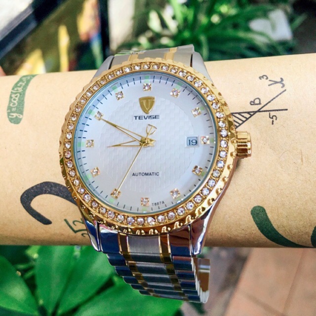 Đồng hồ cơ nam Automatic Tevise viền đính kim cương