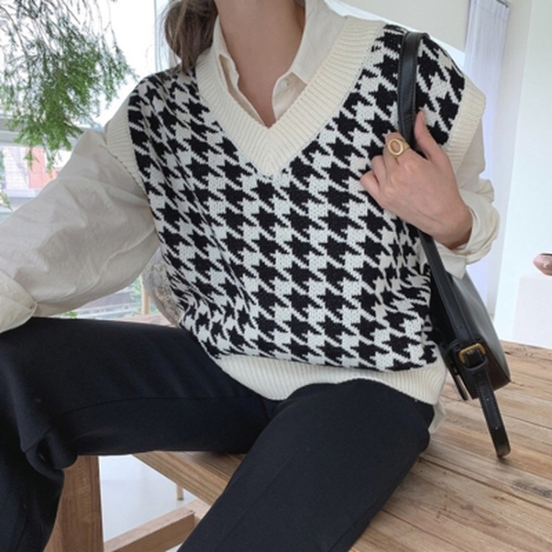 Áo khoác vest dệt kim cổ chữ V dáng rộng thời trang mùa thu mới 2021