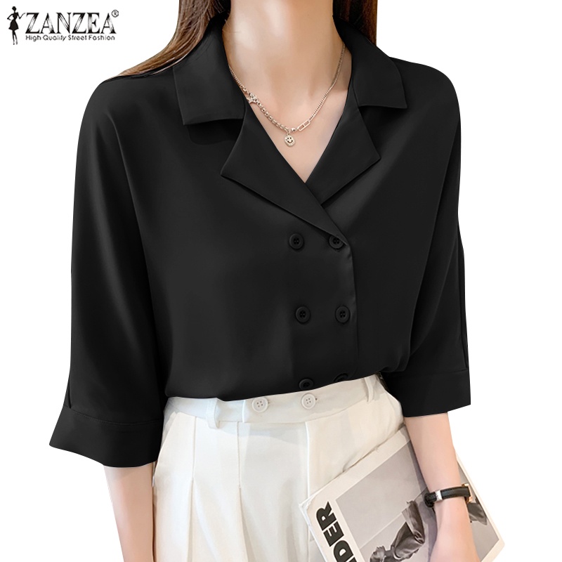Áo sơ mi ZANZEA tay lỡ 3/ 4 thời trang dành tùy chọn màu sắc dành cho nữ