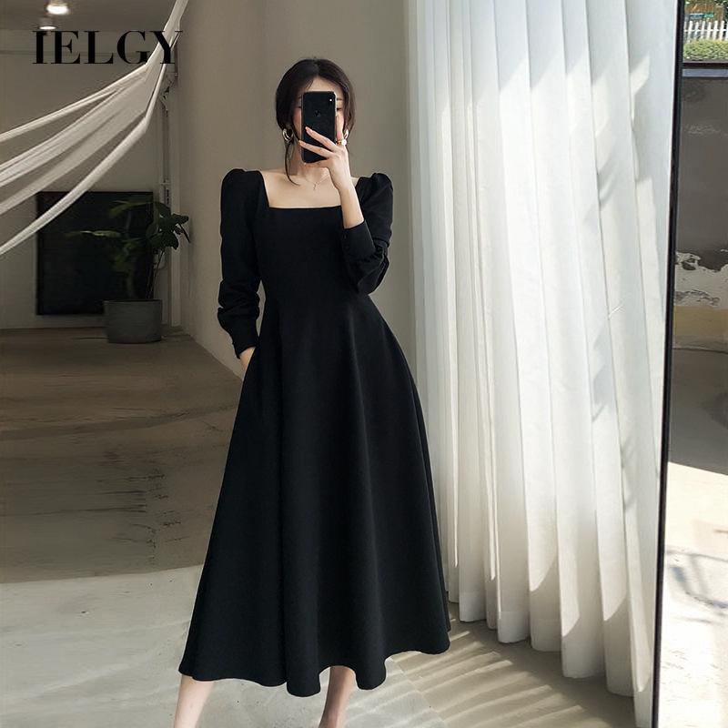 Đầm IELGY cổ vuông tay dài phong cách hepburn pháp thời trang màu đen dành cho nữ