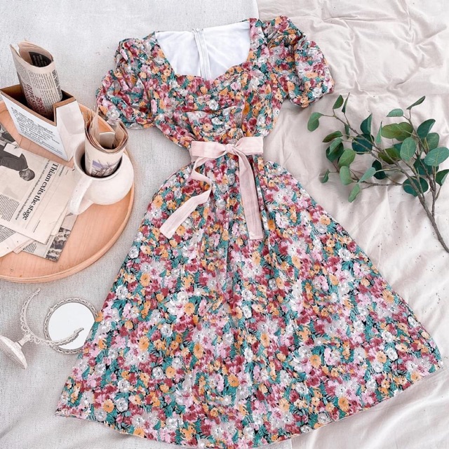 [Mã WAMT1505 giảm 10K đơn 0K] Đầm Hoa Xoè Cổ Vuông Nhún Ngực Tay Phồng