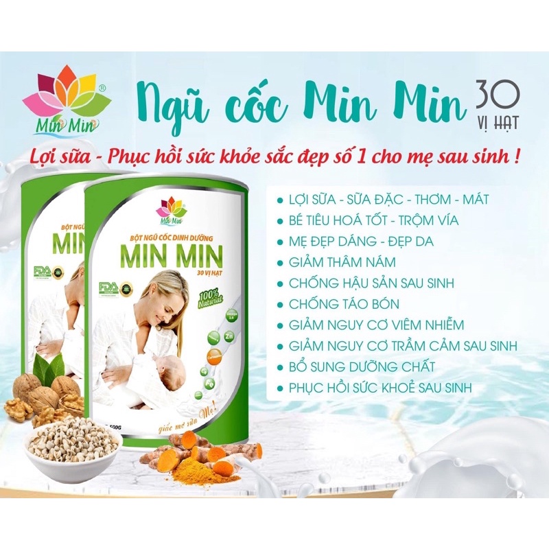 [Chính hãng] Ngũ cốc lợi sữa cao cấp Minmin - Bột ngũ cốc lợi sữa - Loại 30 hạt - Hộp 500gr