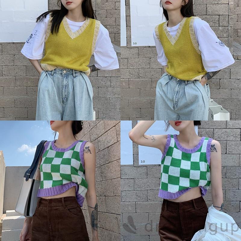 Áo Len Không Tay Họa Tiết Sọc Caro Màu Sắc Thời Trang Mùa Thu