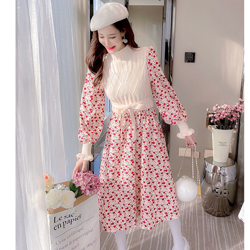 Autumn and winter Korean style stitching long knitted thin skirt fashion floral knitted dress