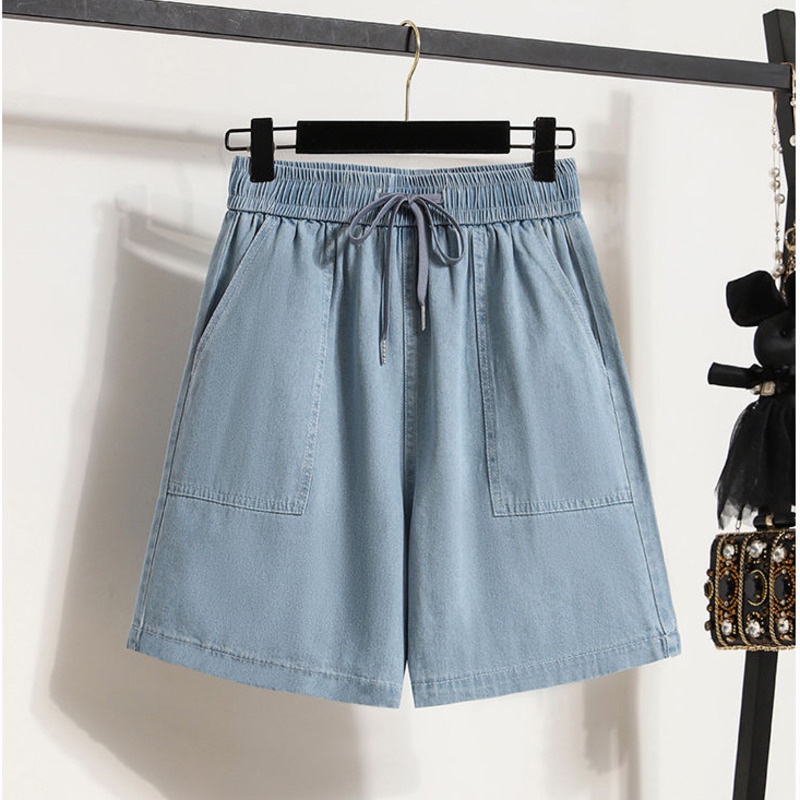 Quần Short Denim Lưng Thun Cao Ống Rộng Plus Size Cho Nữ