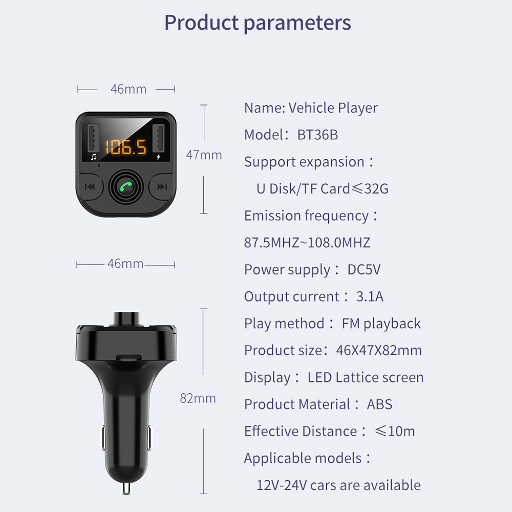 Bộ phát FM BT36B Bluetooth không dây màn hình LCD 3.1A USB sử dụng trên xe hơi