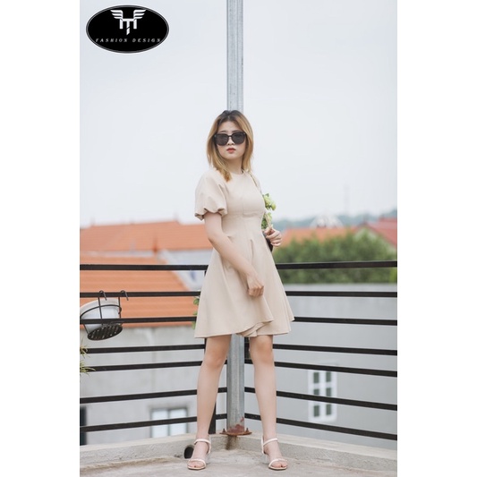 Đầm váy thiết kế cao cấp đẹp kiểu basic cổ tròn, dáng xòe, tay bồng chi tiết eo cao hách dáng trẻ trung TV06-HTDESIGN | BigBuy360 - bigbuy360.vn