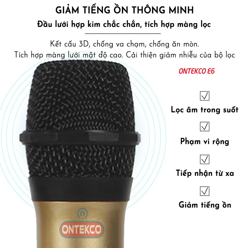 Bộ 2 Micro Không dây ONTEK E6 màu vàng cao cấp, Chuyên cho mọi Amply, Loa kéo, Loa bluetooth