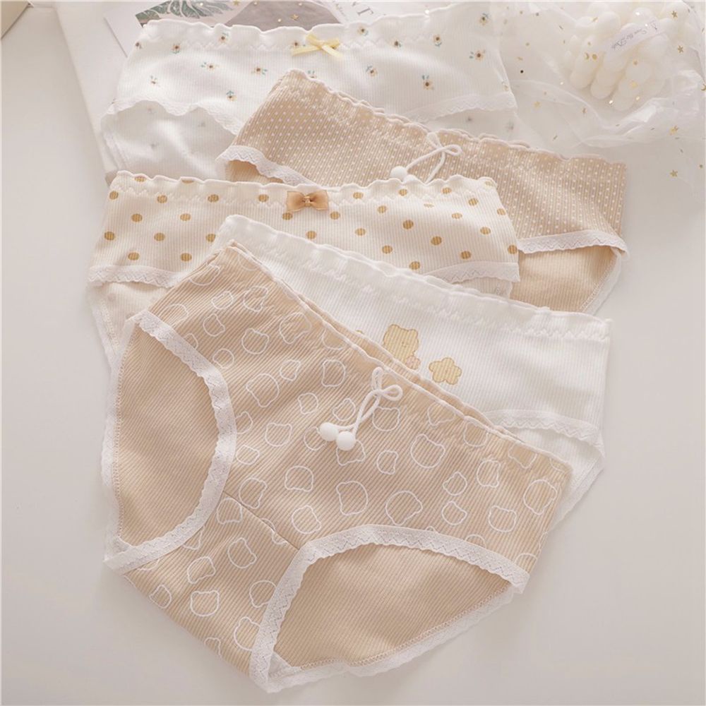 Quần Lót Lưng Vừa Phối Ren Hoa Thoáng Khí In Họa Tiết Chấm Bi Phong Cách Hàn Quốc Cho Nữ