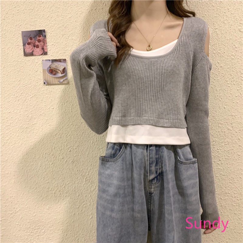 Áo dệt kim tay dài hở vai thời trang dành cho nữ