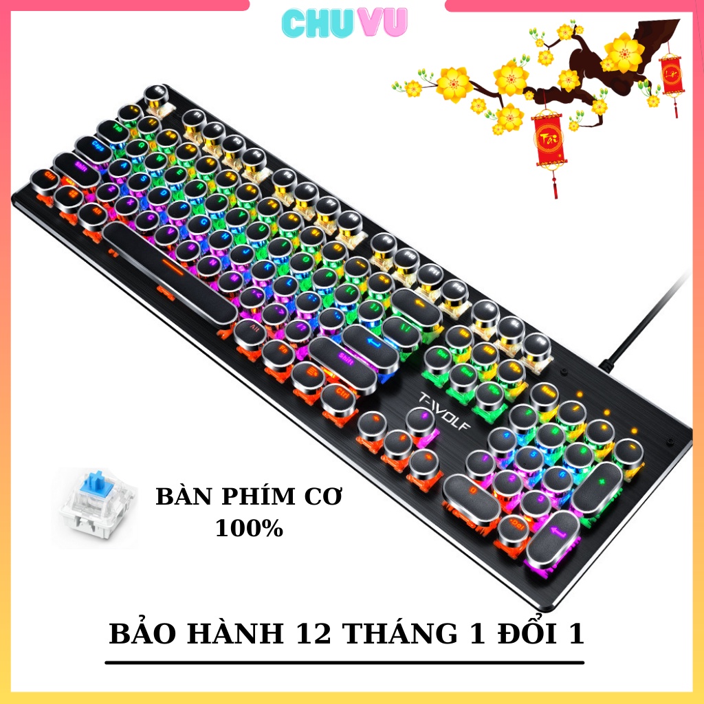 Bàn phím cơ Thunder Wolf, Bàn phím máy tính bàn phím tròn đèn led với 9 chế độ tuổi thọ 50 triệu lần bấm Bh 12 tháng