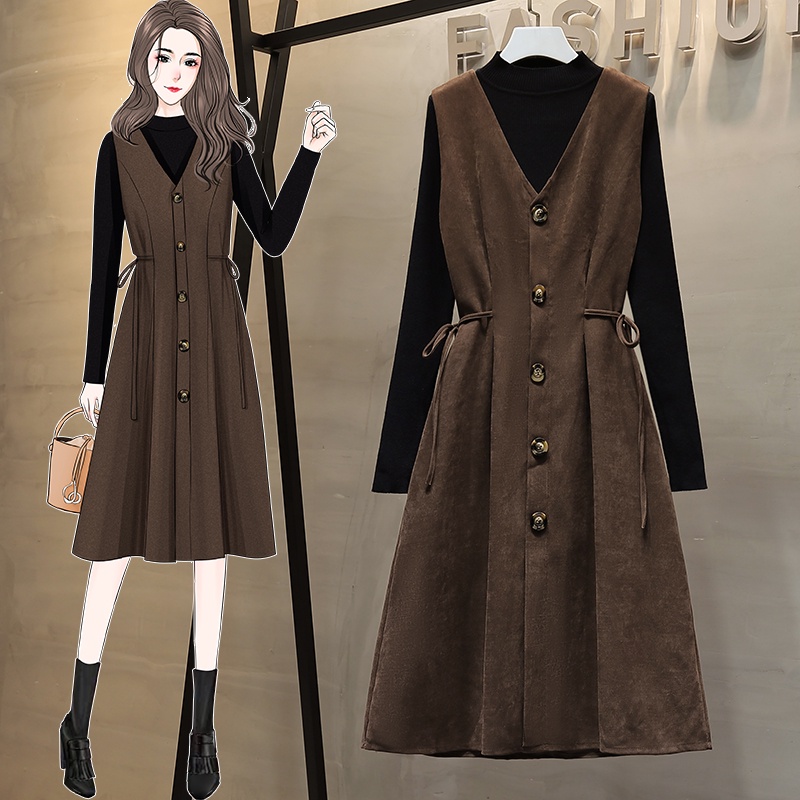 🌸Hàng Order🌸Váy Đầm Bigsize Sét Áo Len Kèm Váy Phối Cúc Dọc Thắt Dây 2 Eo Thanh Lịch 🌸Hàng Quảng Châu