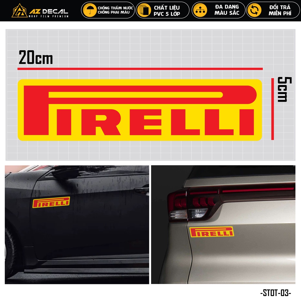 Sticker Ô Tô Thiết Kế Pirelli | STOT-03 | Tem Dán Xe Oto Xe Hơi Sườn Tay Cầm Đèn Kính Lái Cản Sau Chống Nước Bền Màu
