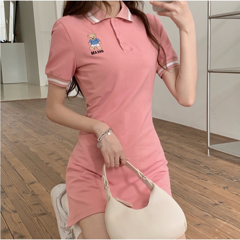 Đầm Nữ Polo Họa Tiết Gấu Váy Body Nữ Cộc Tay Dáng Ngắn 3 Màu