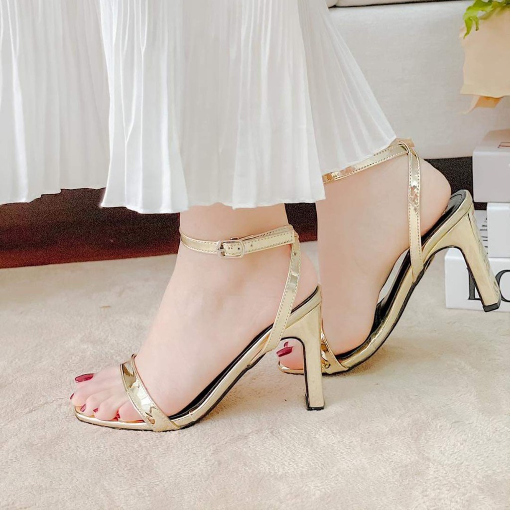 Giày Sandal Nữ Cao Gót 7 Phân Gót Vuông, Quai Ngang, Da Bóng MS 061