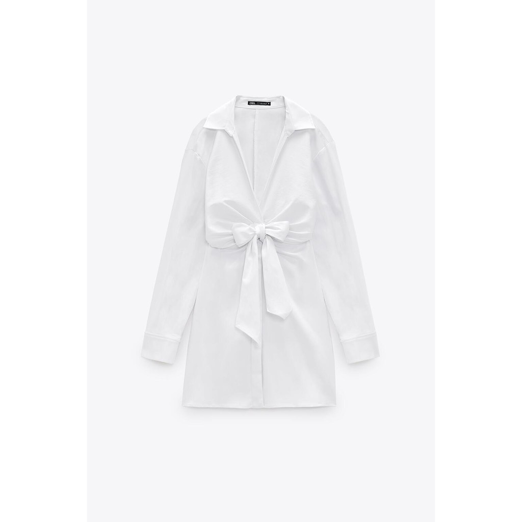 Đầm sơ mi trắng dài tay Zara new best seller 2021 nơ eo bản to