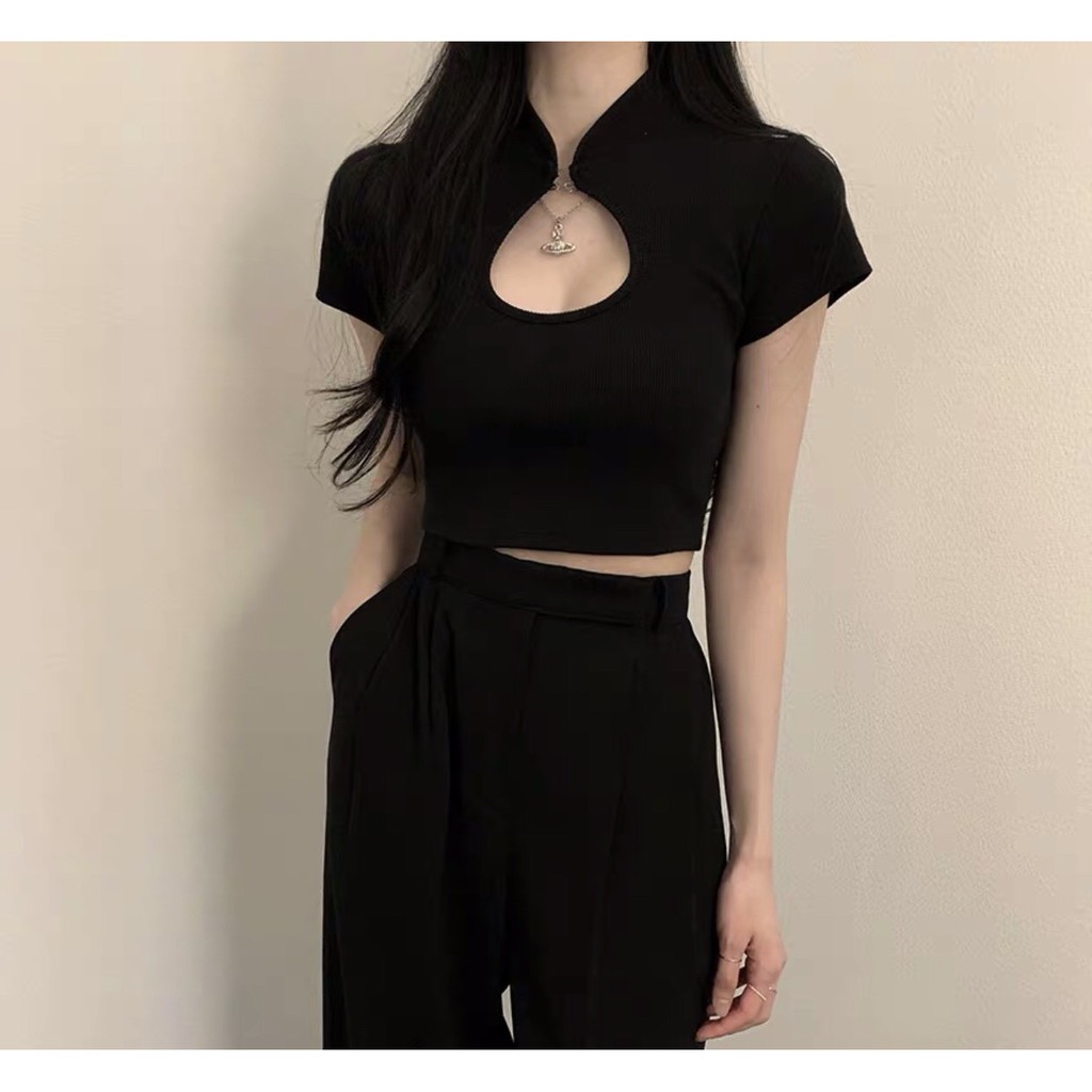 [Mã FAMAYWA giảm 10K đơn 50K] ÁO CROPTOP CỔ GIỌT LỆ ĐEN TRẮNG TÍM - ÁO THUN CROP KHOÉT NGỰC TAY NGẮN | BigBuy360 - bigbuy360.vn