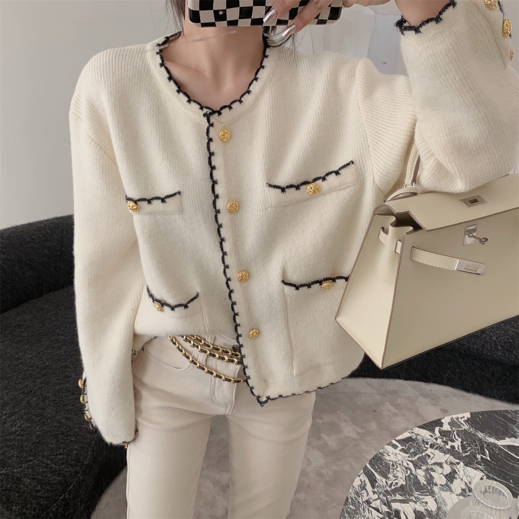 Áo Khoác Cardigan Dệt Kim Viền Gợn Sóng Màu Tương Phản Thời Trang Xuân Thu H4477 CC