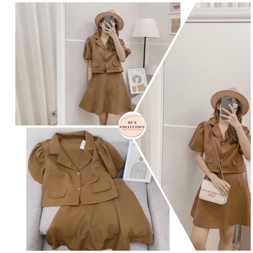 (Kèm ảnh thật) Set áo croptop nâu cổ vest kèm chân váy