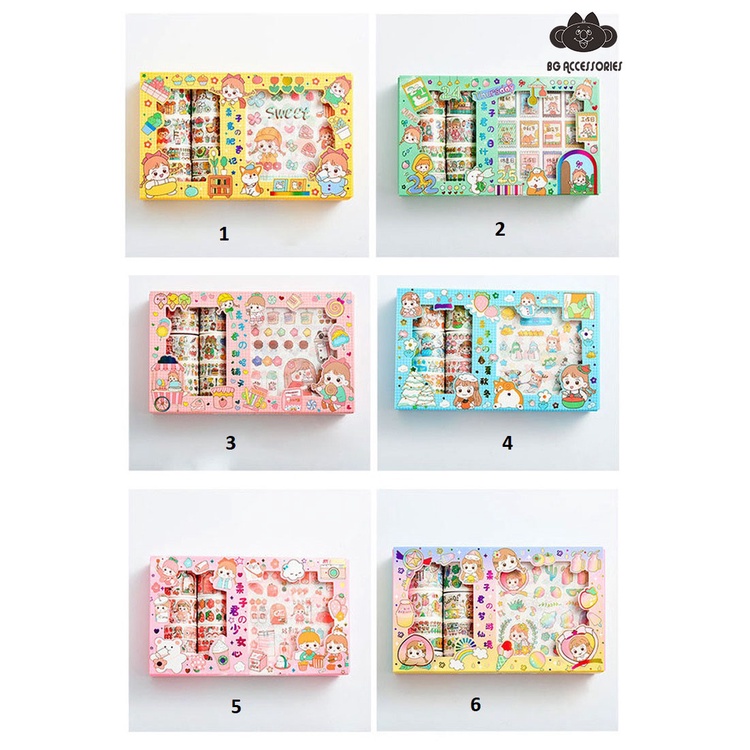 Hộp Sticker Cute, Washi Tape Sticker Cô Gái kute Set 10 Washi tape 10 Stickers Trang Trí Sổ Tay