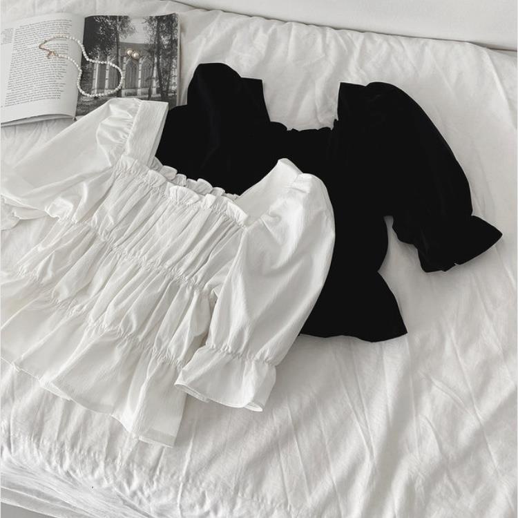 Áo Sơ Mi Tay Ngắn Cổ Vuông Màu Trơn Thời Trang Cho Nữ