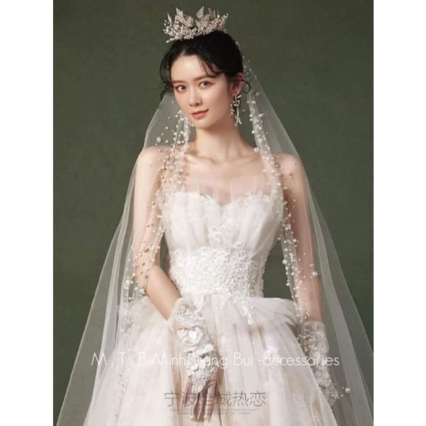 lúp viền hạt trai nhân tạo cô dâu dài 3m