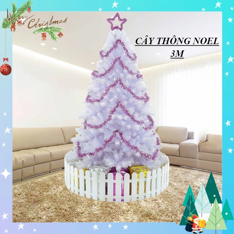 Cây thông noel 3m màu trắng trong - cây thông noel A7 tặng ngôi sao đỉnh và dây kim tuyến trang trí giáng sinh