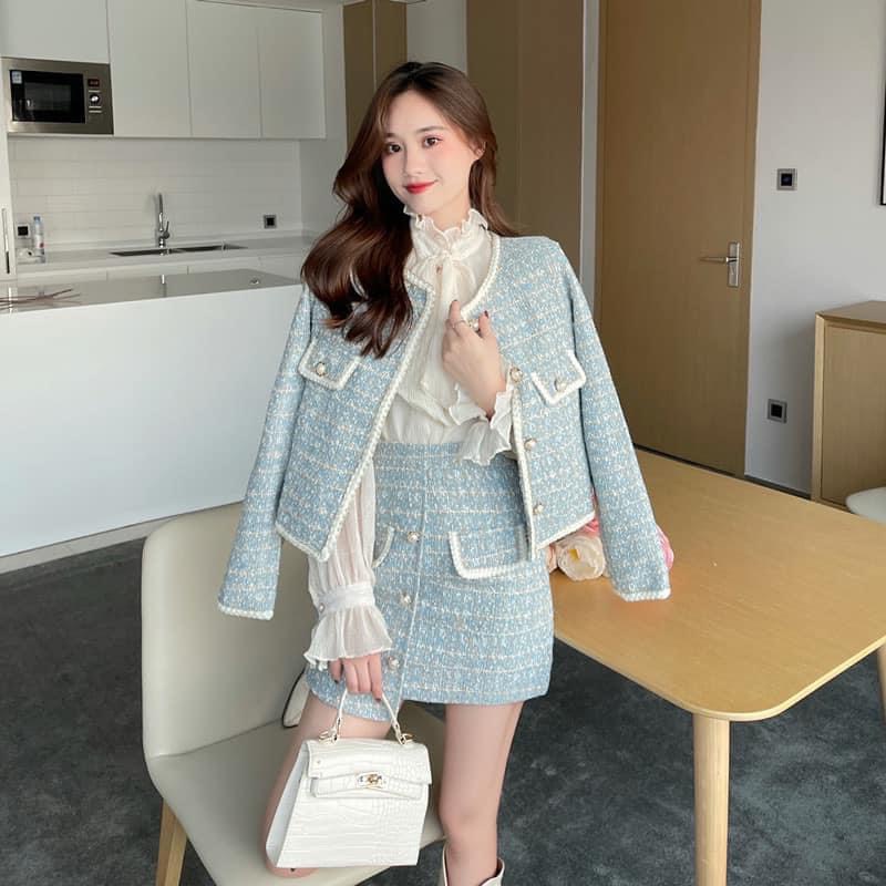 Áo khoác dạ tweed, Ao dạ tweed kèm chân váy thiết kế phong cách Hàn Quốc