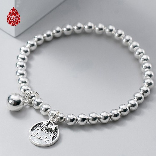 Lắc bi bạc 4mm cao cấp phối charm mèo may mắn - Ngọc Quý